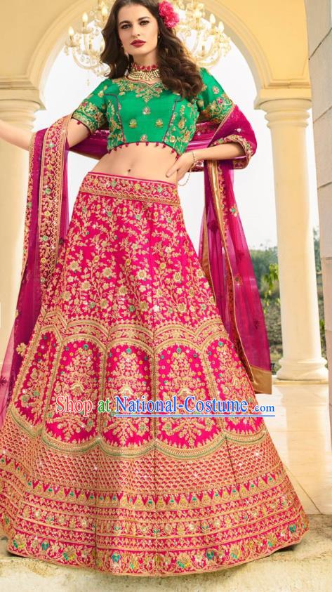 Asian India National Embroidered Lehenga Costumes Asia Indian Bride Traditional Green Satin Blouse and Magenta Skirt Sari for Women