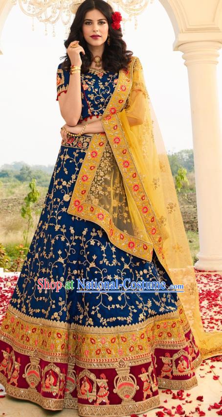 Asian India National Embroidered Lehenga Costumes Asia Indian Bride Traditional Navy Blue Satin Blouse and Skirt Sari for Women