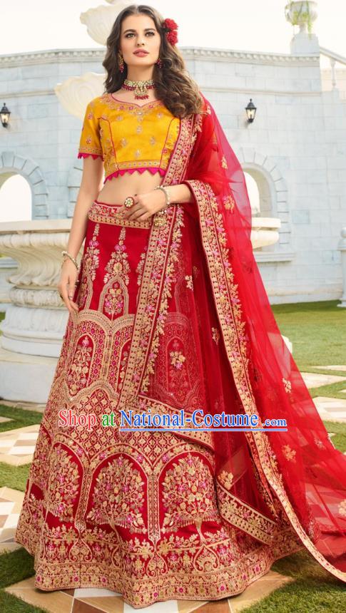 Asian India National Embroidered Lehenga Costumes Asia Indian Bride Traditional Yellow Satin Blouse and Red Skirt Sari for Women