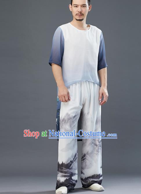 Chinese National Printing White Chiffon Pants Traditional Tang Suit Costume Loose Trousers for Men