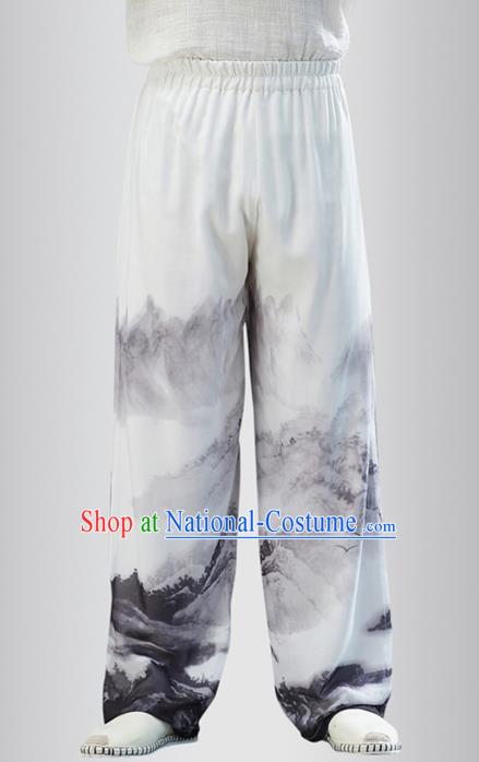 Chinese National Printing White Chiffon Pants Traditional Tang Suit Costume Loose Trousers for Men