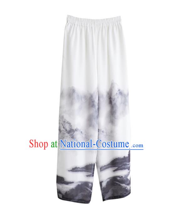 Chinese National Printing White Chiffon Pants Traditional Tang Suit Costume Loose Trousers for Men