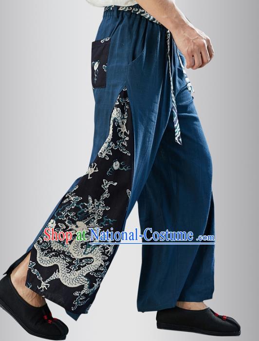 Chinese National Navy Flax Pants Traditional Tang Suit Costume Printing Dragon Linen Loose Trousers for Men