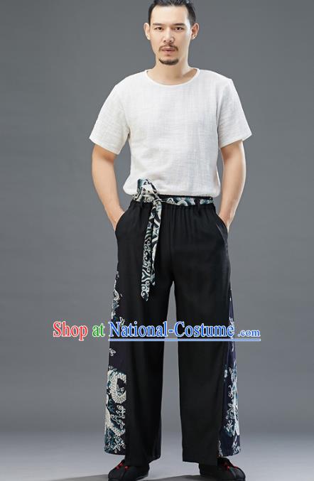 Chinese National Black Flax Pants Traditional Tang Suit Costume Printing Dragon Linen Loose Trousers for Men