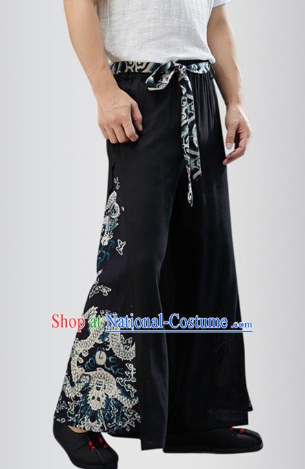 Chinese National Black Flax Pants Traditional Tang Suit Costume Printing Dragon Linen Loose Trousers for Men