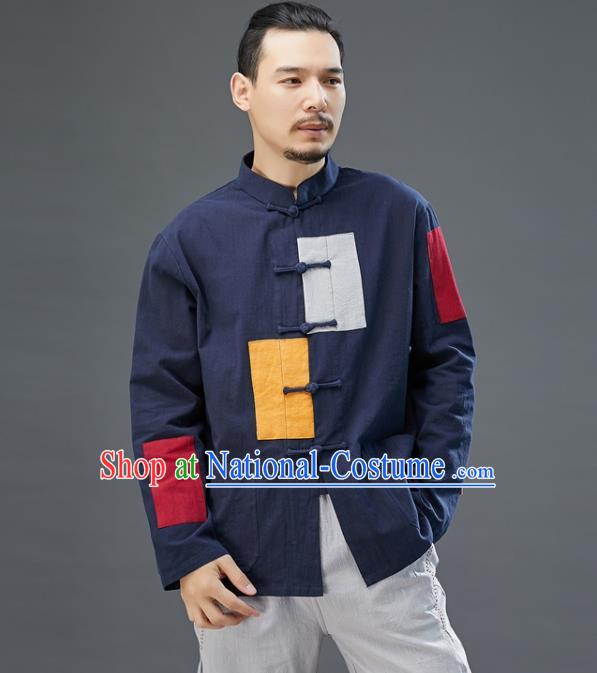 Chinese National Men Navy Linen Shirt Traditional Tang Suit Costume Upper Outer Garment Overshirt