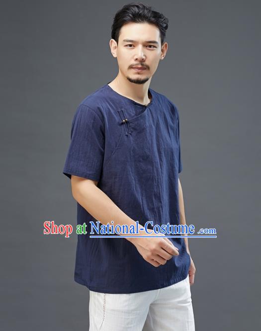 Chinese National Navy Linen Short Sleeve Shirt Traditional Tang Suit Upper Outer Garment Costume for Men