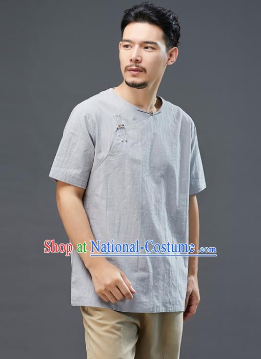 Chinese National Grey Linen Short Sleeve Shirt Traditional Tang Suit Upper Outer Garment Costume for Men