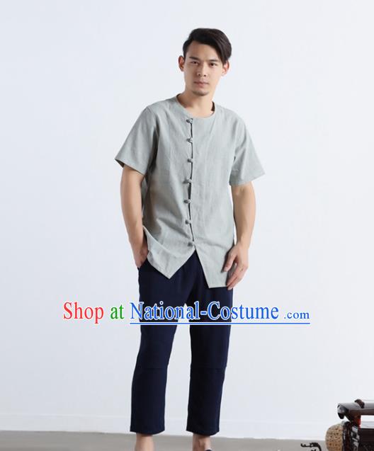 Chinese National Light Grey Flax Frog Buttons Shirt Traditional Tang Suit Short Sleeve Upper Outer Garment Costume for Men