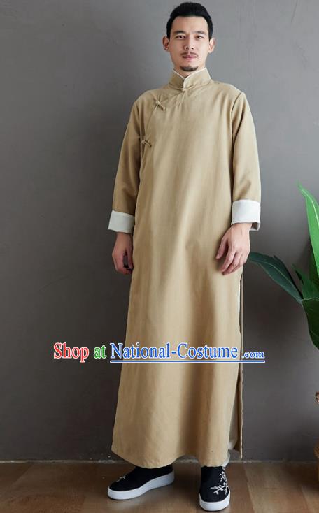 Republic of China National Beige Robe Traditional Tang Suit Costume Comic Dialogue Long Gown for Men