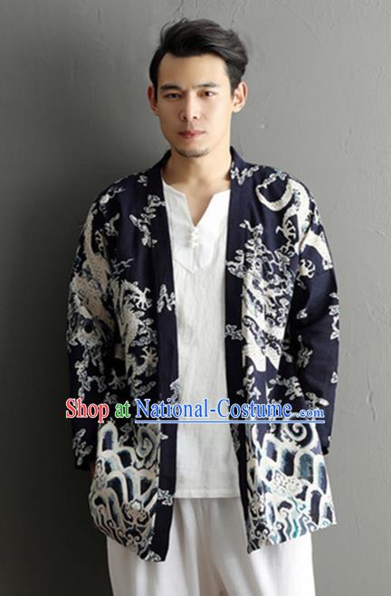 Chinese National Printing Dragon Navy Flax Cardigan Traditional Tang Suit Outer Garment Jacket Costume for Men