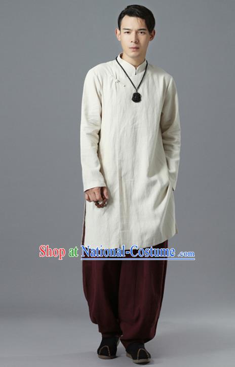 Chinese National White Flax Coat Traditional Tang Suit Outer Garment Overcoat Costume for Men