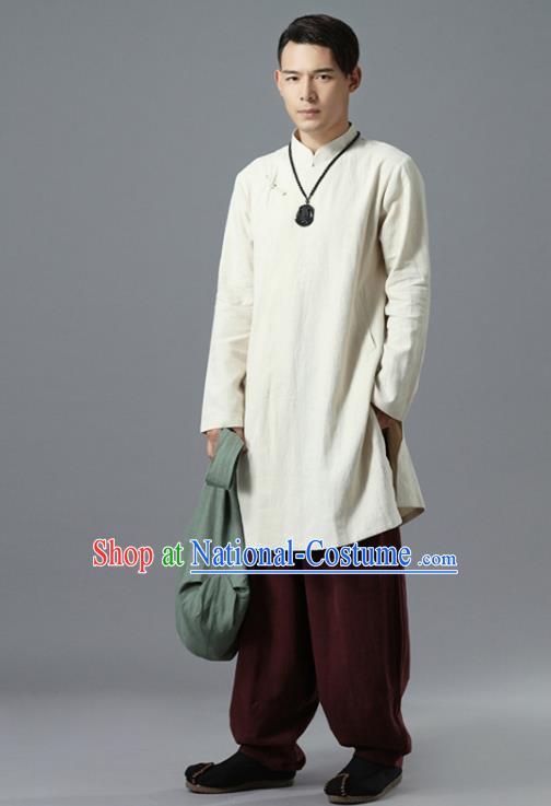 Chinese National White Flax Coat Traditional Tang Suit Outer Garment Overcoat Costume for Men