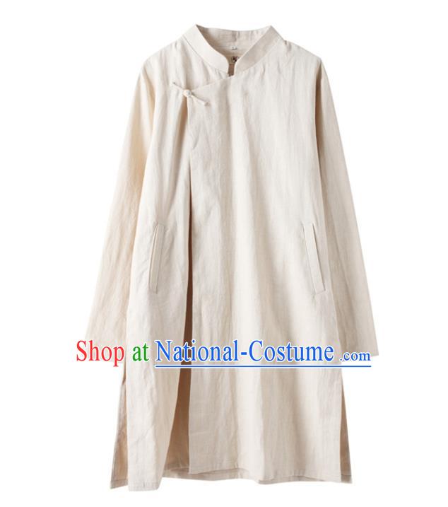 Chinese National White Flax Coat Traditional Tang Suit Outer Garment Overcoat Costume for Men