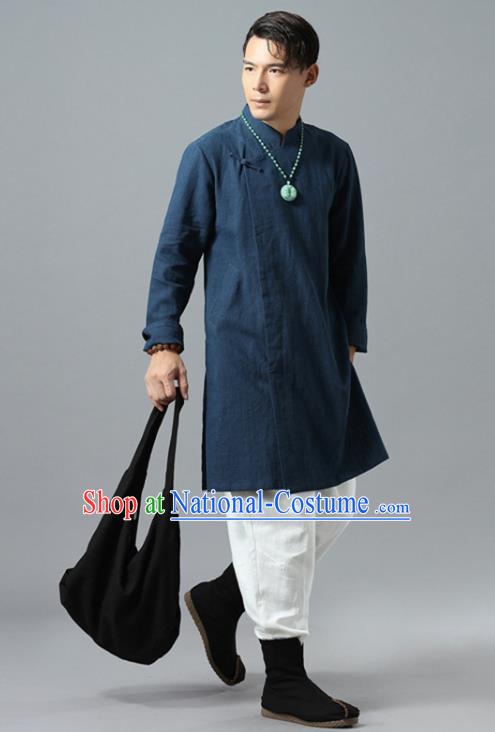 Chinese National Navy Flax Coat Traditional Tang Suit Outer Garment Overcoat Costume for Men