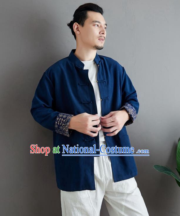 Chinese National Navy Linen Coat Traditional Tang Suit Upper Outer Garment Jacket Costume for Men