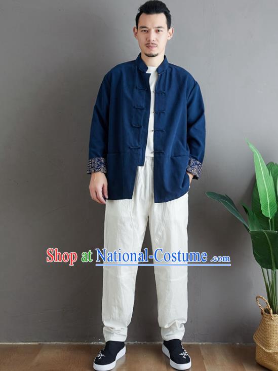 Chinese National Navy Linen Coat Traditional Tang Suit Upper Outer Garment Jacket Costume for Men