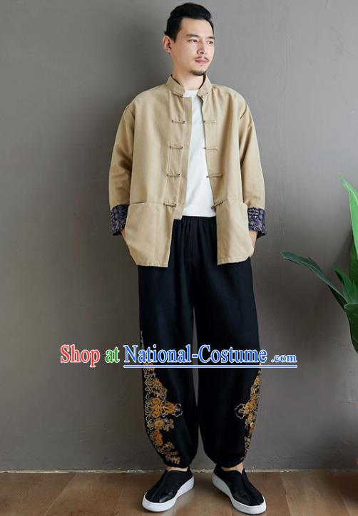 Chinese National Beige Linen Coat Traditional Tang Suit Upper Outer Garment Jacket Costume for Men