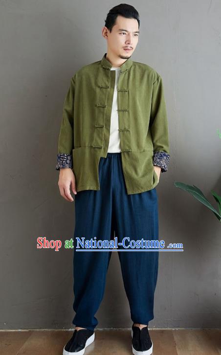 Chinese National Olive Green Linen Coat Traditional Tang Suit Upper Outer Garment Jacket Costume for Men