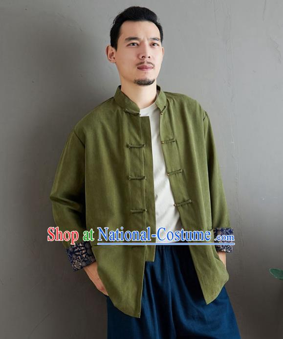 Chinese National Olive Green Linen Coat Traditional Tang Suit Upper Outer Garment Jacket Costume for Men