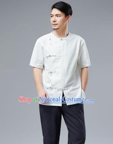 Chinese National White Linen Shirt Traditional Tang Suit Upper Outer Garment Short Sleeve Costume for Men