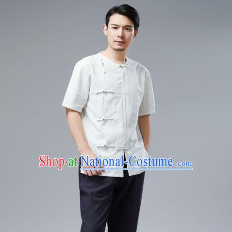 Chinese National White Linen Shirt Traditional Tang Suit Upper Outer Garment Short Sleeve Costume for Men