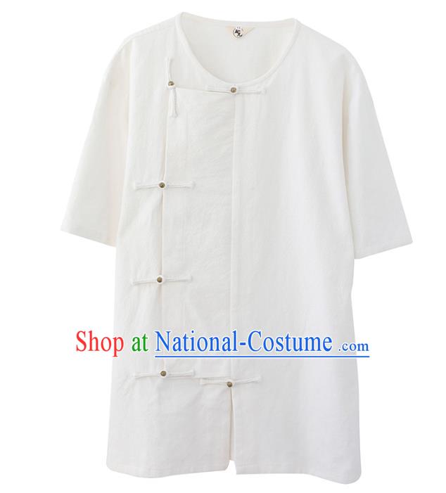 Chinese National White Linen Shirt Traditional Tang Suit Upper Outer Garment Short Sleeve Costume for Men