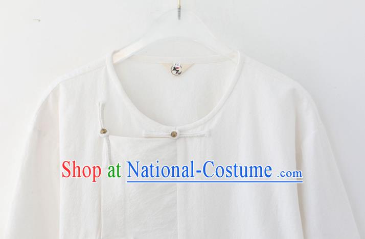 Chinese National White Linen Shirt Traditional Tang Suit Upper Outer Garment Short Sleeve Costume for Men