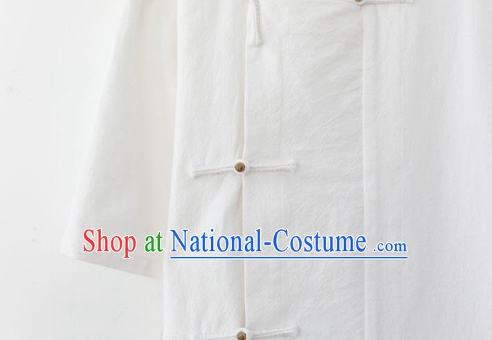 Chinese National White Linen Shirt Traditional Tang Suit Upper Outer Garment Short Sleeve Costume for Men