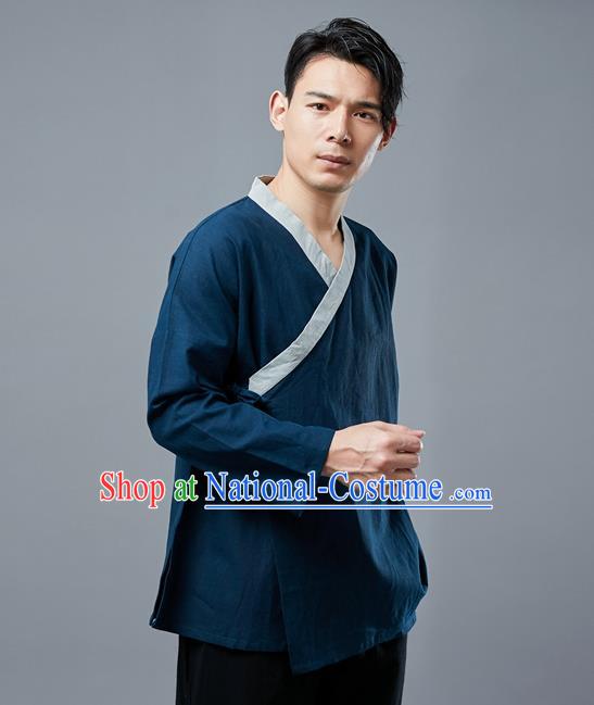 Chinese National Navy Linen Shirt Traditional Tang Suit Upper Outer Garment Slant Opening Costume for Men