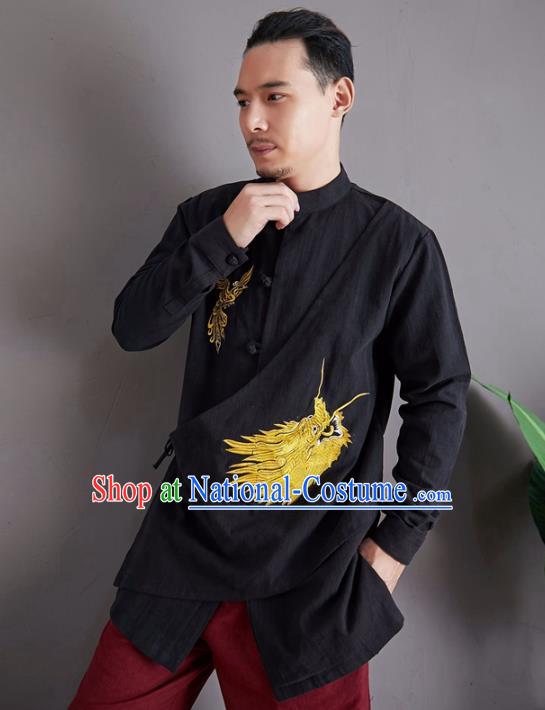 Chinese National Embroidered Black Shirt Traditional Tang Suit Upper Outer Garment Flax Costume for Men