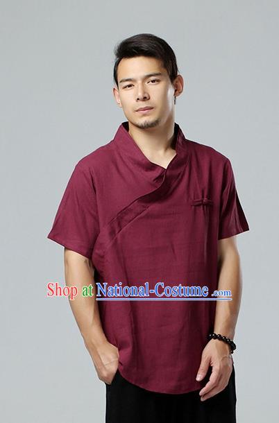 Chinese National Wine Red Flax Slant Opening Shirt Traditional Tang Suit Short Sleeve Upper Outer Garment Costume for Men