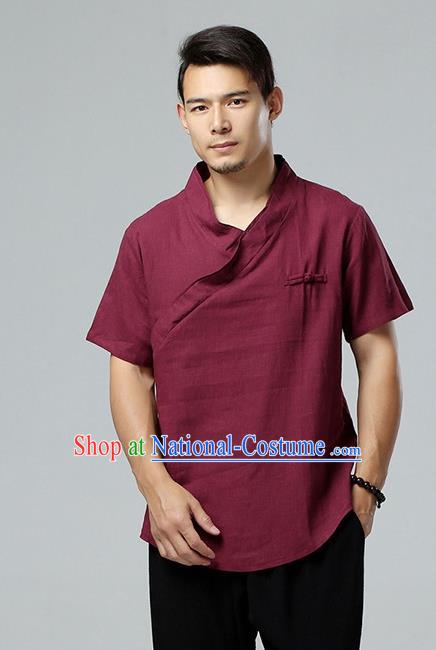 Chinese National Wine Red Flax Slant Opening Shirt Traditional Tang Suit Short Sleeve Upper Outer Garment Costume for Men