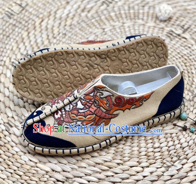 Chinese Traditional National Khaki Cloth Shoes Martial Arts Shoes Men Shoes Handmade Multi Layered Shoes Embroidered Shoes