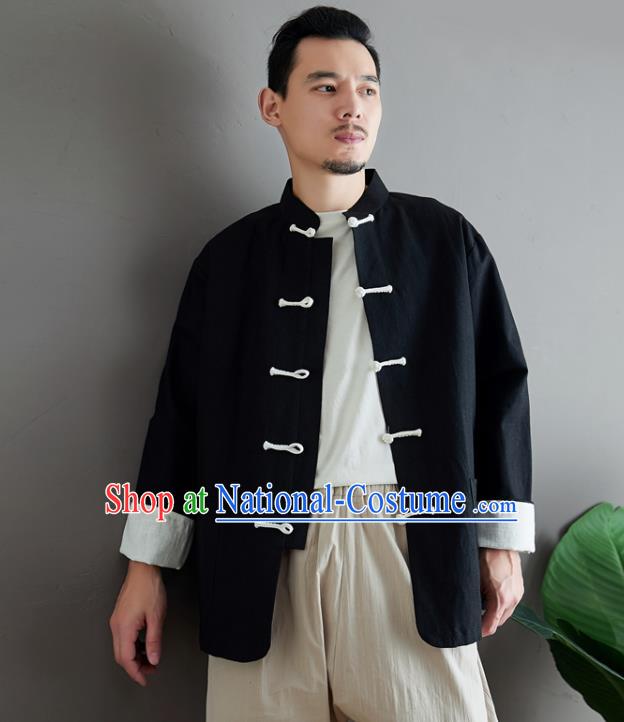 Chinese National Sun Yat Sen Black Flax Jacket Traditional Tang Suit Outer Garment Coat Costume for Men