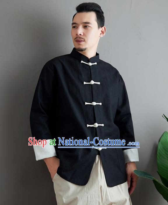 Chinese National Sun Yat Sen Black Flax Jacket Traditional Tang Suit Outer Garment Coat Costume for Men