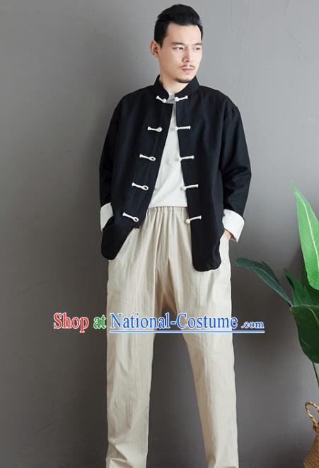 Chinese National Sun Yat Sen Black Flax Jacket Traditional Tang Suit Outer Garment Coat Costume for Men