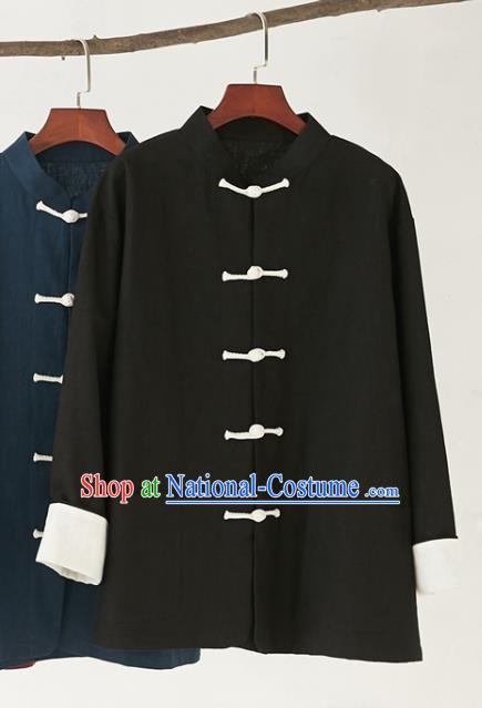 Chinese National Sun Yat Sen Black Flax Jacket Traditional Tang Suit Outer Garment Coat Costume for Men