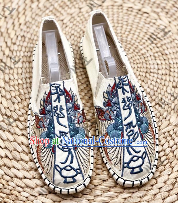 Chinese Traditional National Embroidery Beige Cloth Shoes Martial Arts Shoes Men Shoes Handmade Shoes Embroidered Shoes