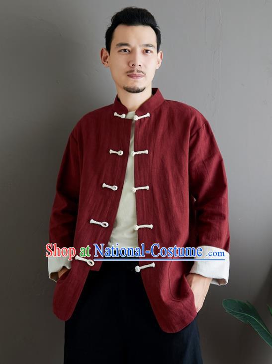 Chinese National Sun Yat Sen Red Flax Jacket Traditional Tang Suit Outer Garment Coat Costume for Men