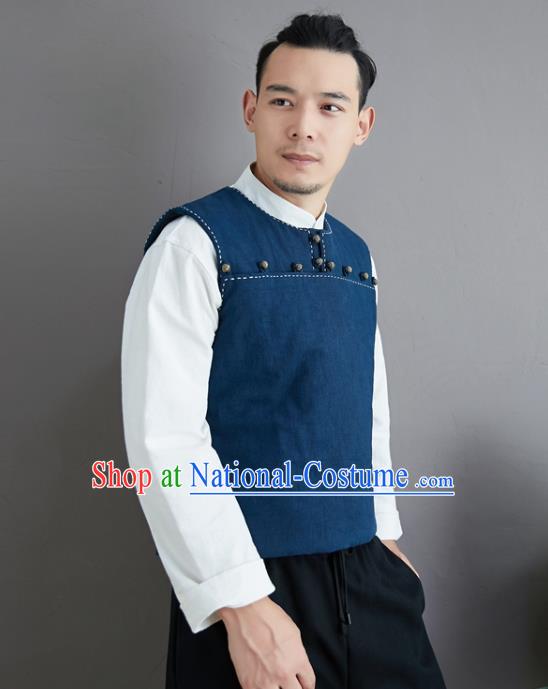 Chinese National Blue Ramine Vest Traditional Tang Suit Upper Outer Garment Waistcoat Costume for Men