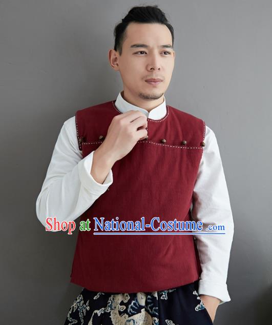 Chinese National Red Ramine Vest Traditional Tang Suit Upper Outer Garment Waistcoat Costume for Men