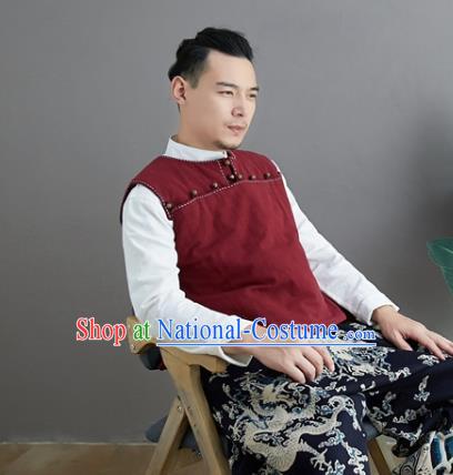 Chinese National Red Ramine Vest Traditional Tang Suit Upper Outer Garment Waistcoat Costume for Men