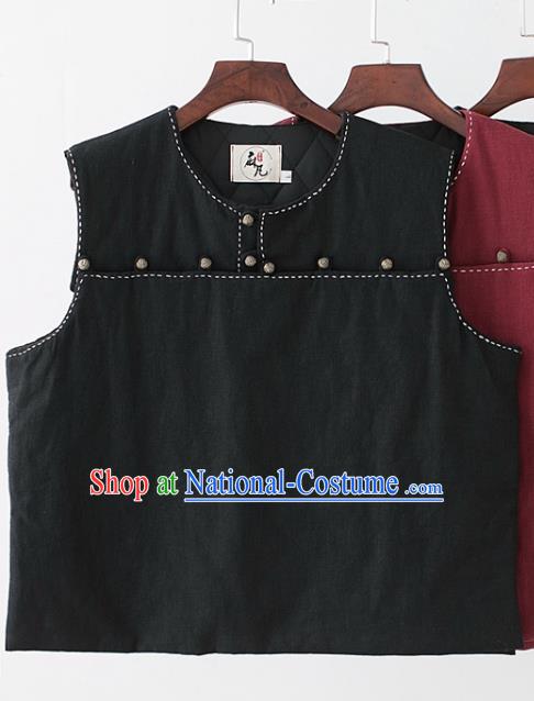 Chinese National Black Ramine Vest Traditional Tang Suit Upper Outer Garment Waistcoat Costume for Men