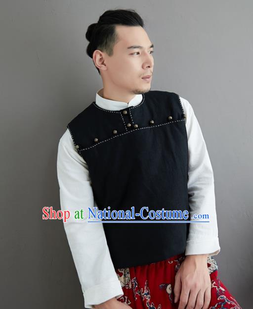 Chinese National Black Ramine Vest Traditional Tang Suit Upper Outer Garment Waistcoat Costume for Men