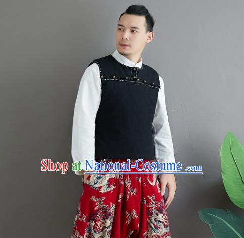 Chinese National Black Ramine Vest Traditional Tang Suit Upper Outer Garment Waistcoat Costume for Men