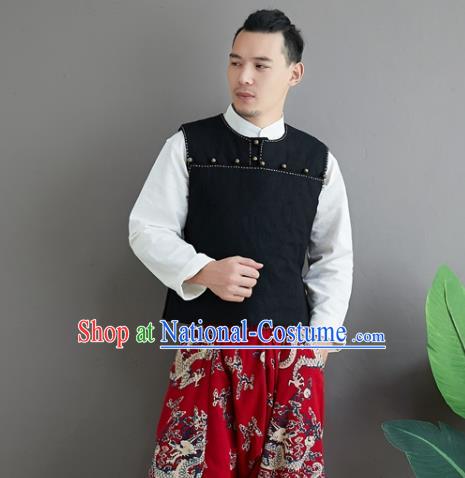 Chinese National Black Ramine Vest Traditional Tang Suit Upper Outer Garment Waistcoat Costume for Men