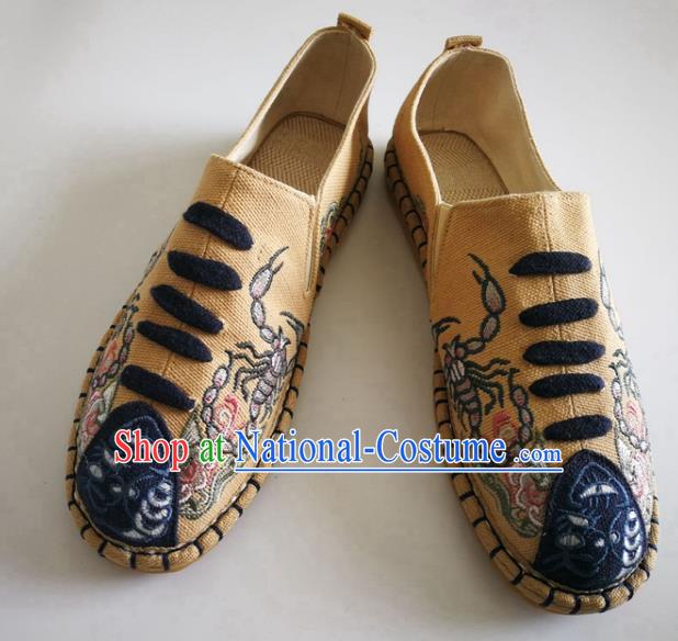 Chinese Traditional National Embroidered Khaki Flax Shoes Martial Arts Shoes Men Shoes Handmade Shoes