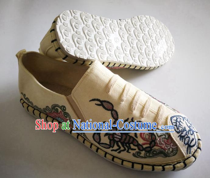 Chinese Traditional National Embroidered Beige Flax Shoes Martial Arts Shoes Men Shoes Handmade Shoes