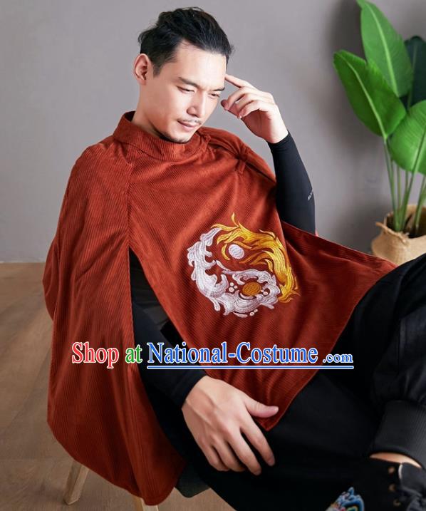 Chinese National Embroidered Red Cloak Traditional Tang Suit Outer Garment Corduroy Coat Costume for Men